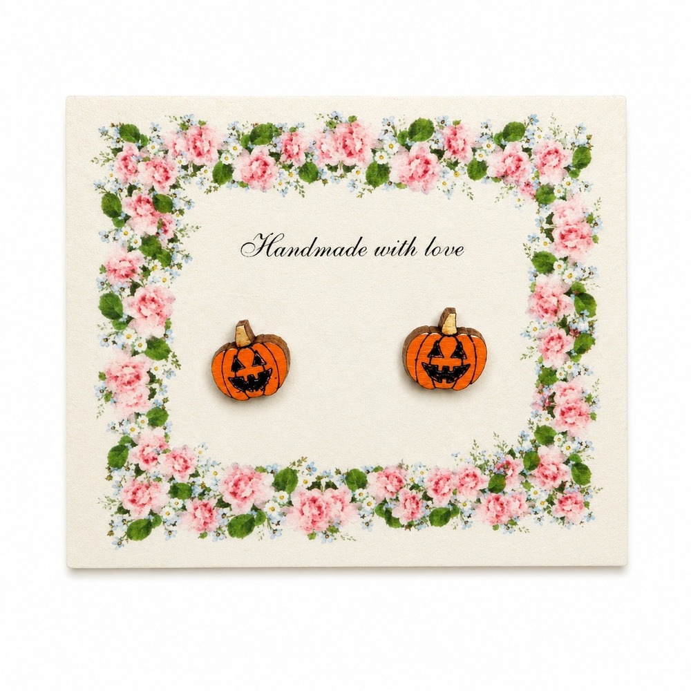 Handmade Pumpkin Stud Earrings Women OS Orange Wood Jack-O-Lantern Halloween